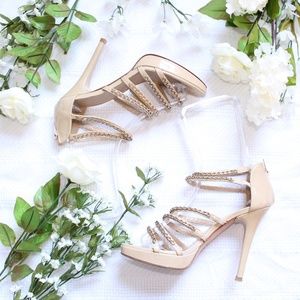 Stuart Weitzman Patent Nude Strap Chain Heels 6.5